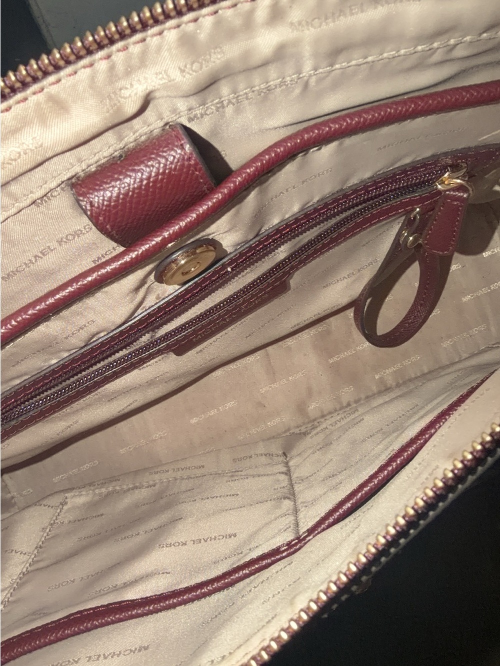 Michael Kors Burgundy and Cream Shoulder Bag with Gold Hardware